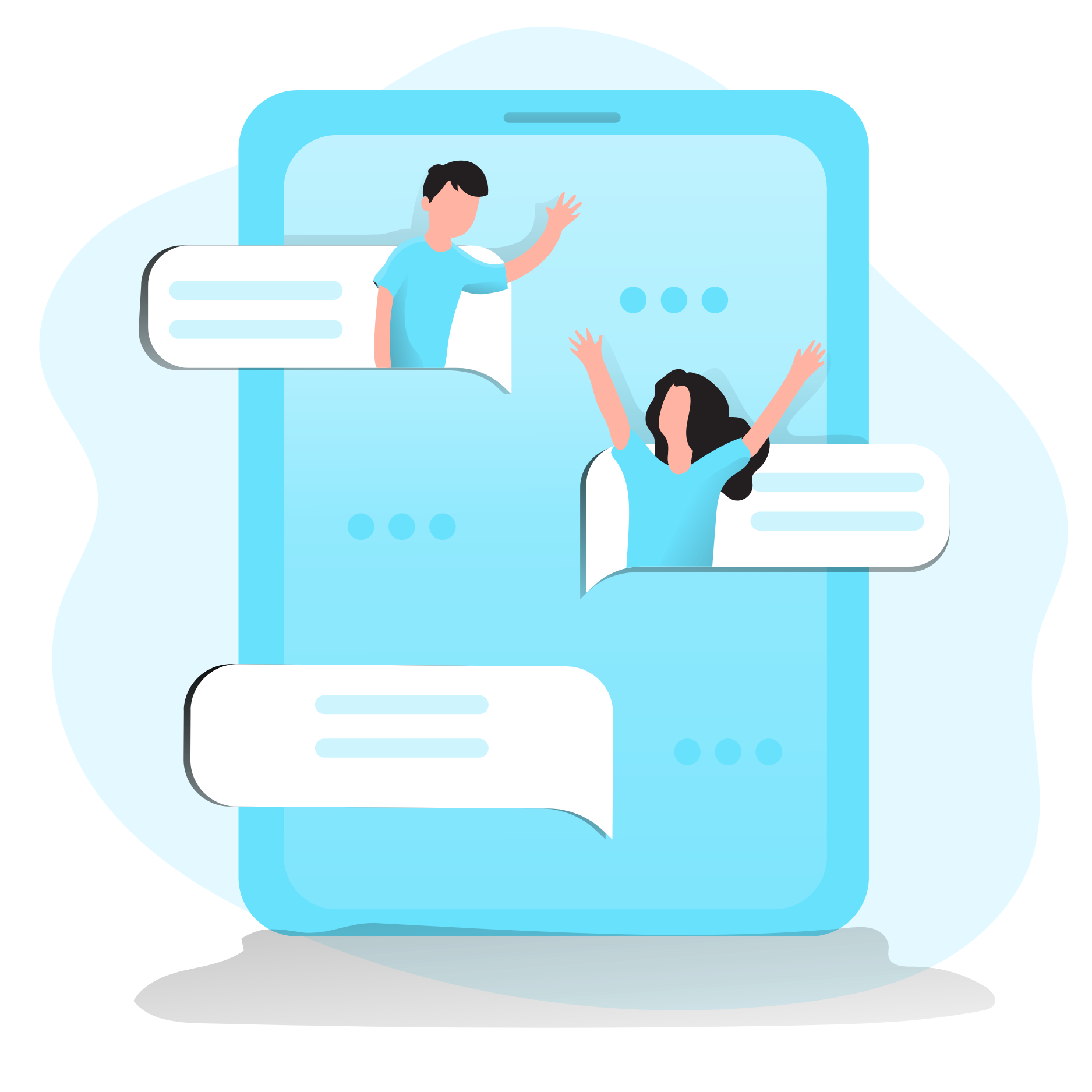 An illustration of two people having a conversation using a tablet device.