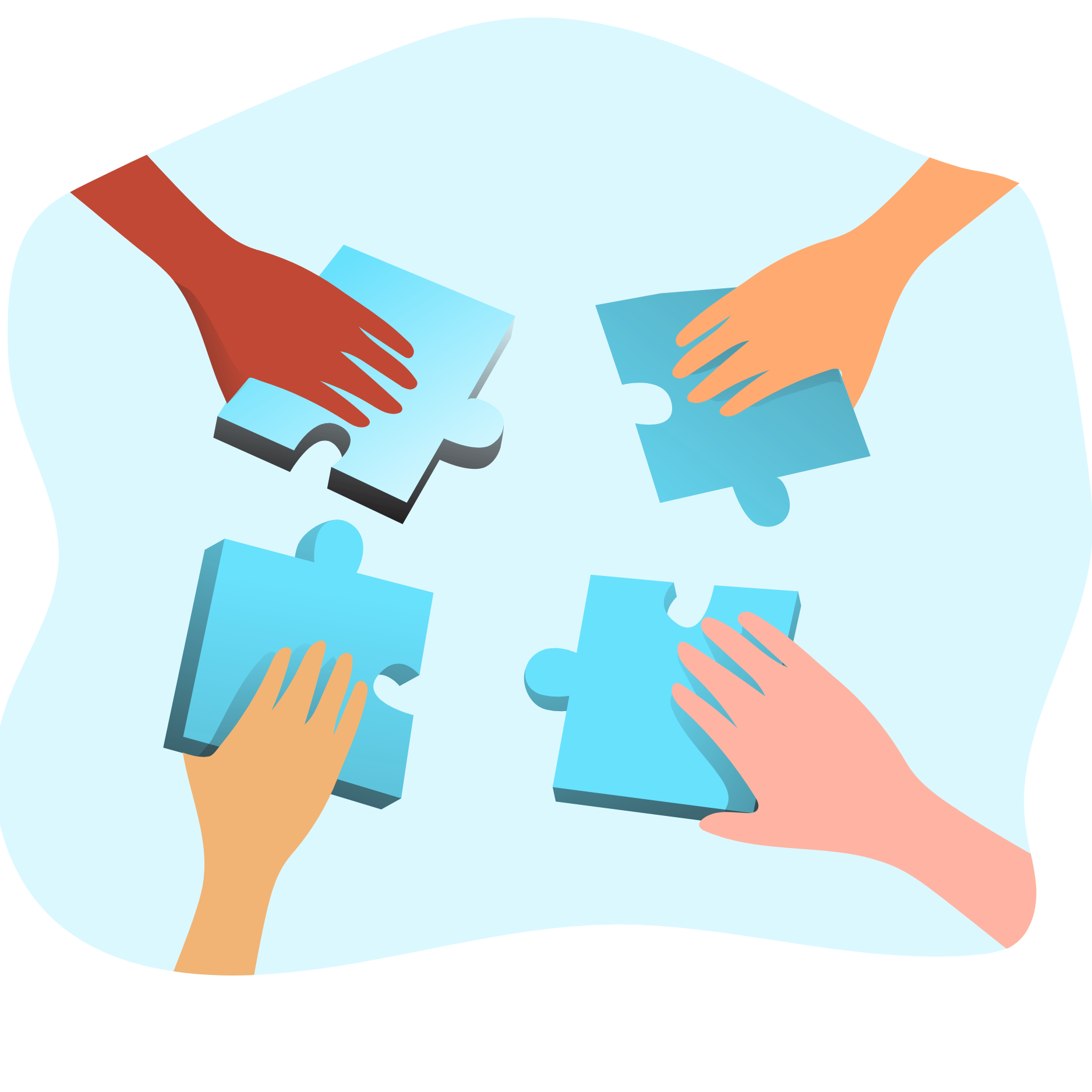 An illustration of four hands holding jigsaw pieces coming together.