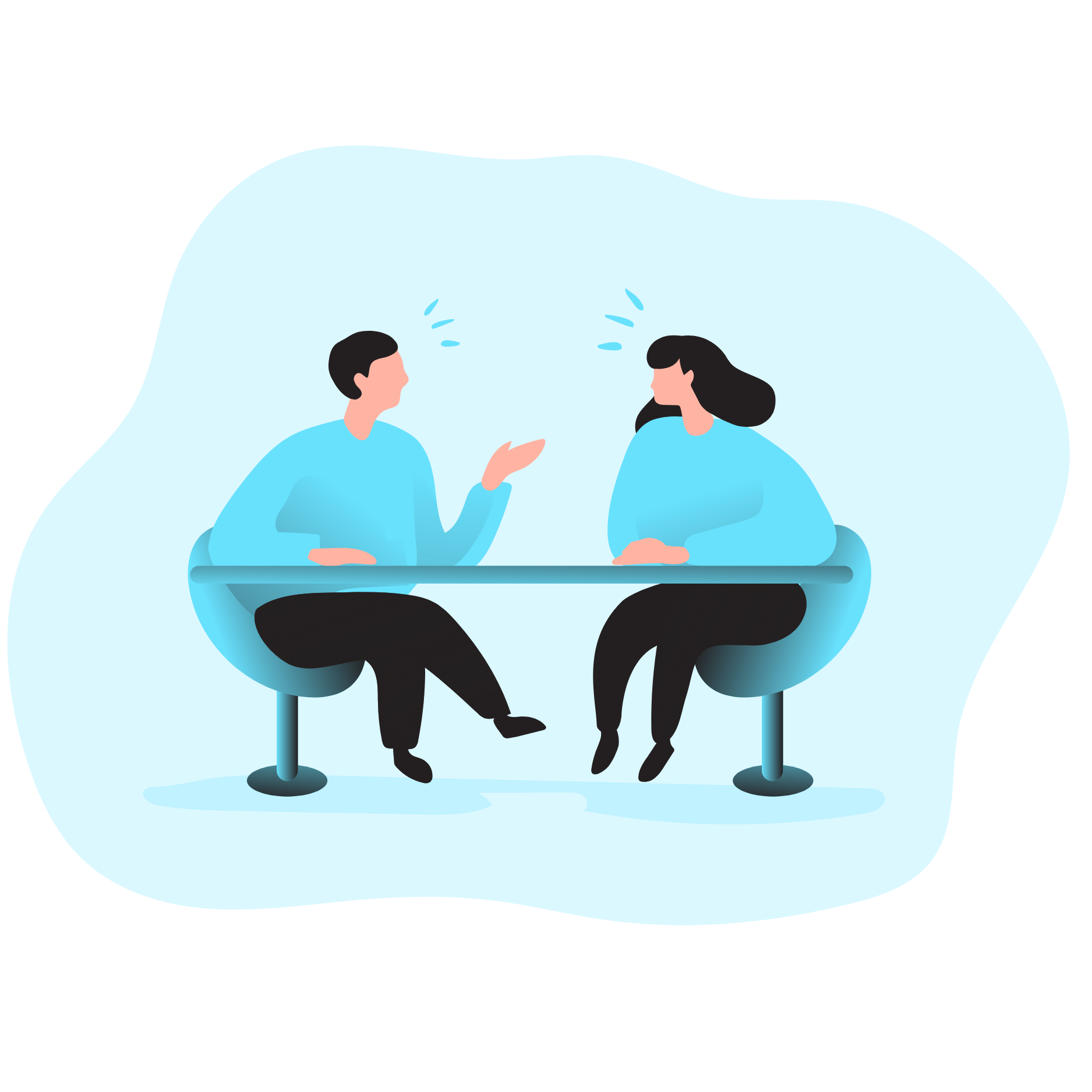 An illustration of two people having a conversation while sitting at a table.