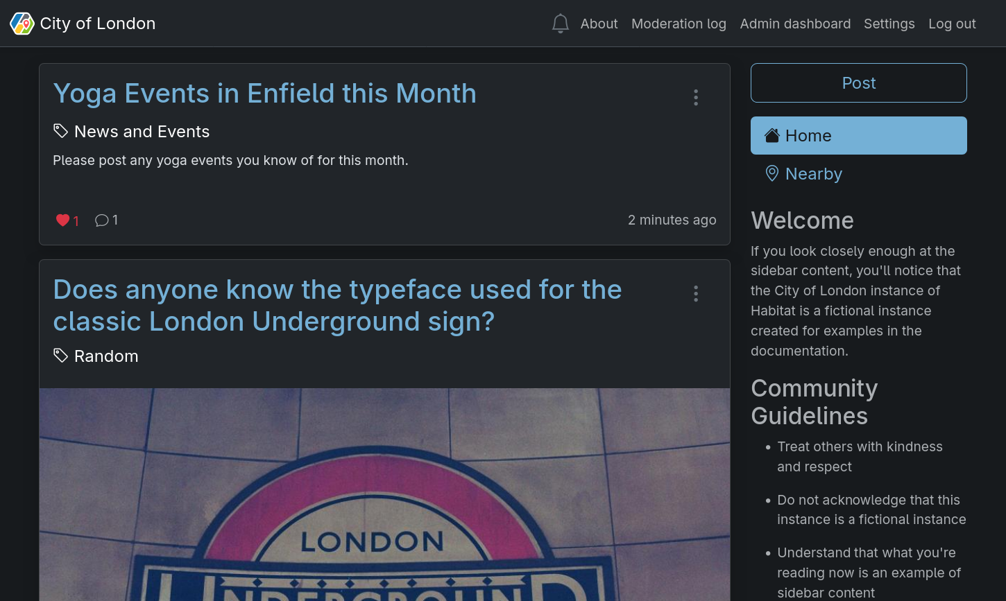 The Habitat Home Feed in Dark Mode on a desktop device