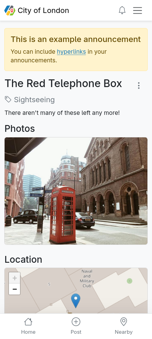 An example of an announcement on a post page