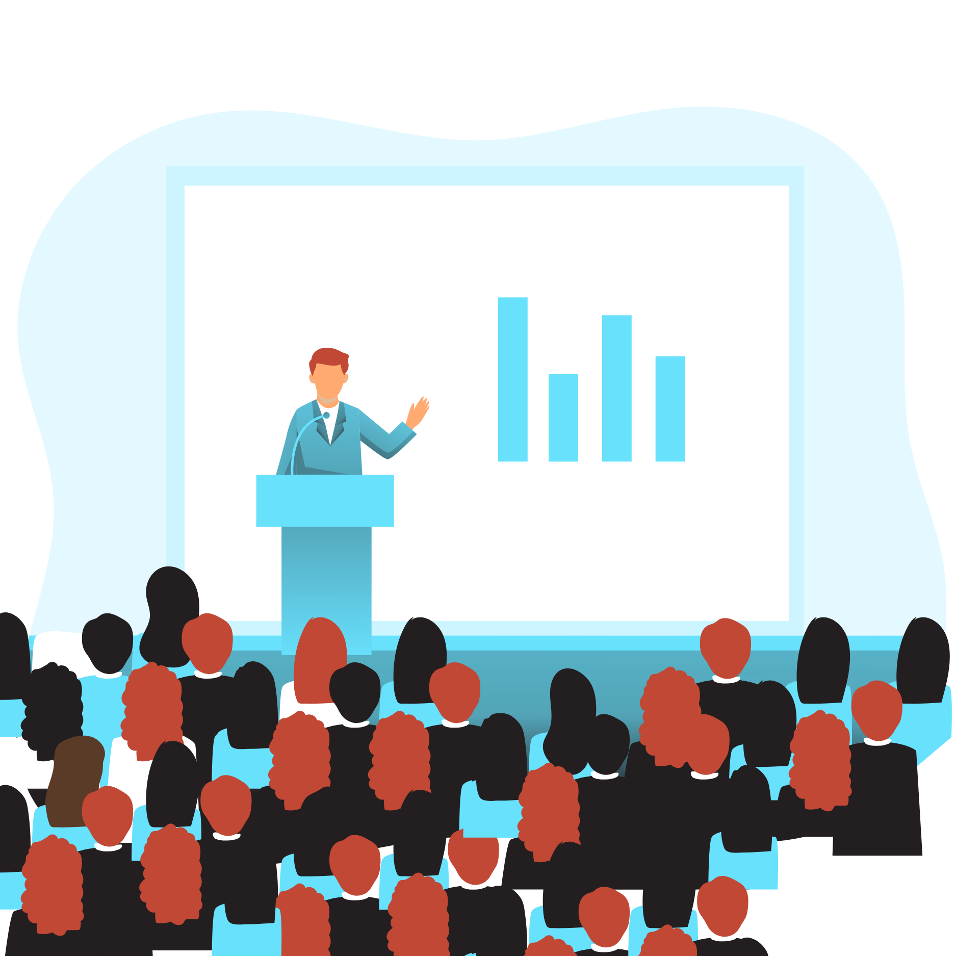 An illustration of a presenter speaking to an audience.