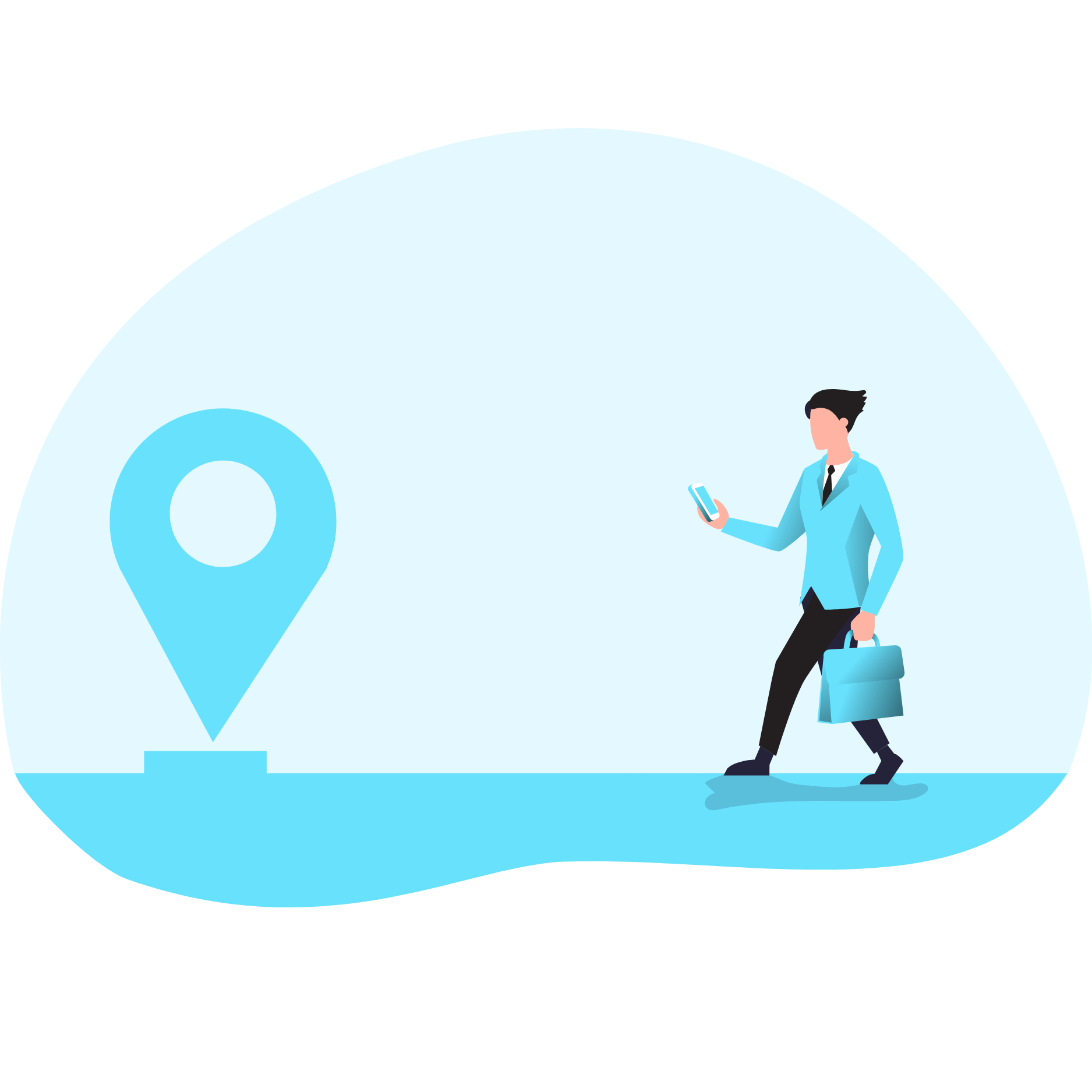 An illustration of a man following his phone to a map marker.