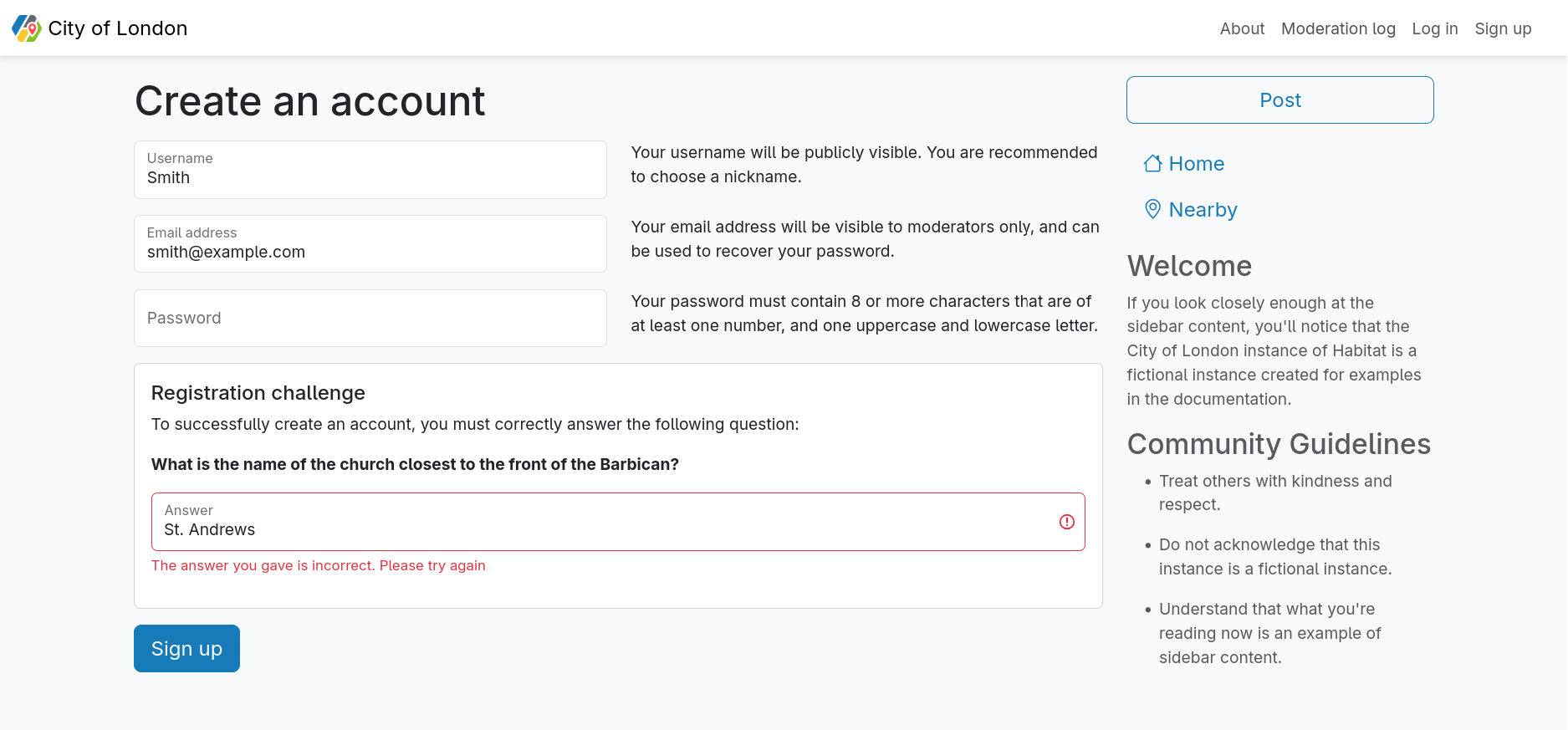 The sign up page with an invalid registration challenge answer
