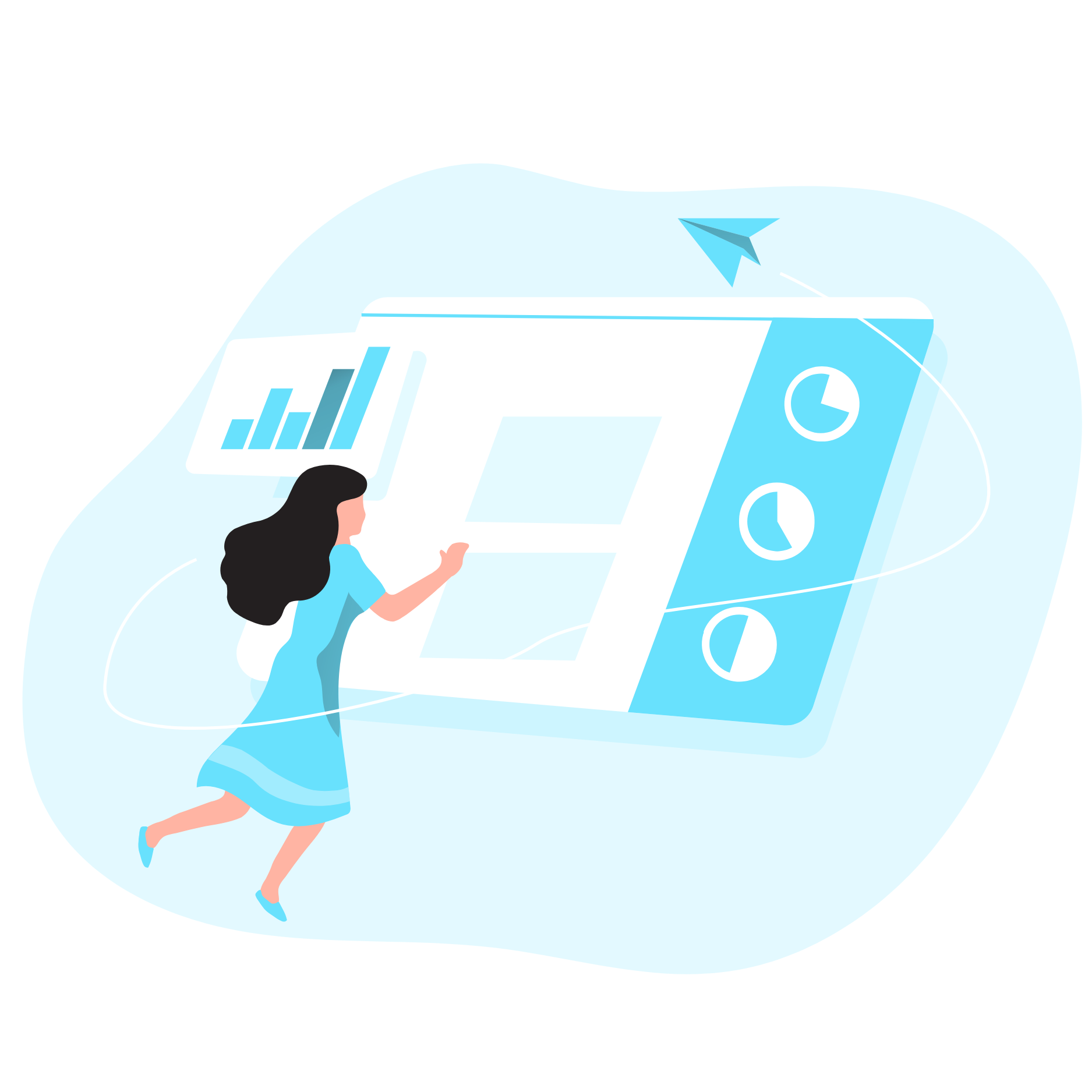 An illustration of a woman floating and interacting with a large interface.